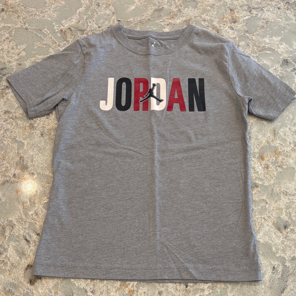 Jordan Kids Gray Tee with Red and Black Logo youth M 10-12 y